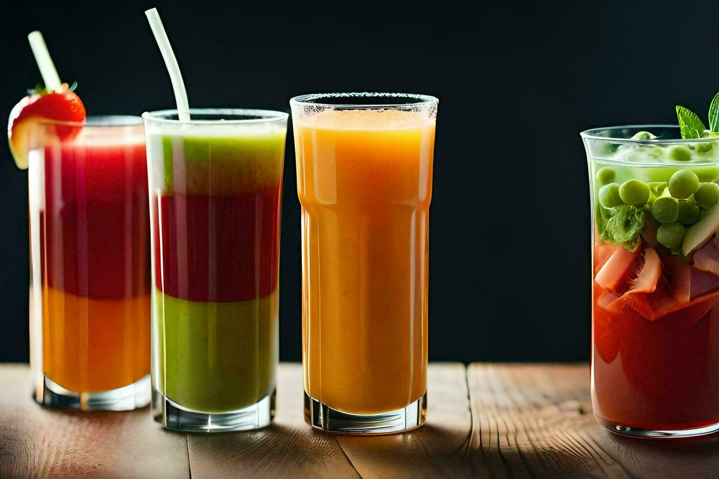 four different types of juices in glasses. AI-Generated photo