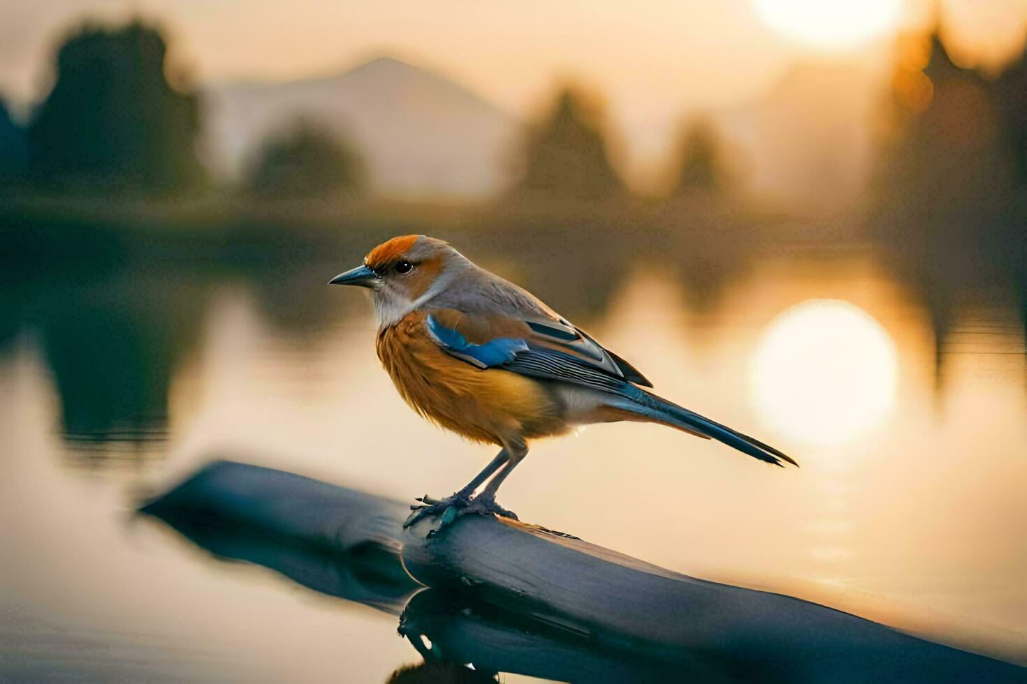 a bird sitting on a log in front of a lake. AI-Generated photo