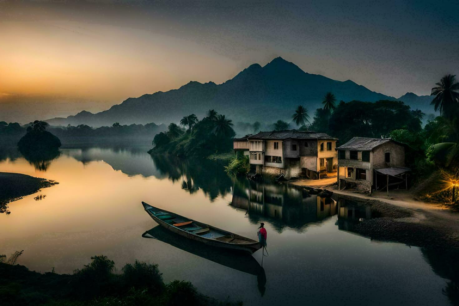 un barco se sienta en el agua en frente de un casa. generado por ai foto