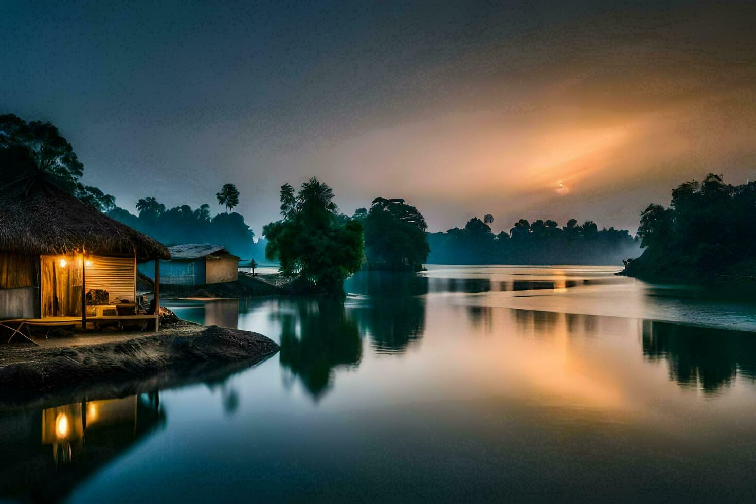 a small hut sits on the shore of a lake at sunset. AI-Generated photo