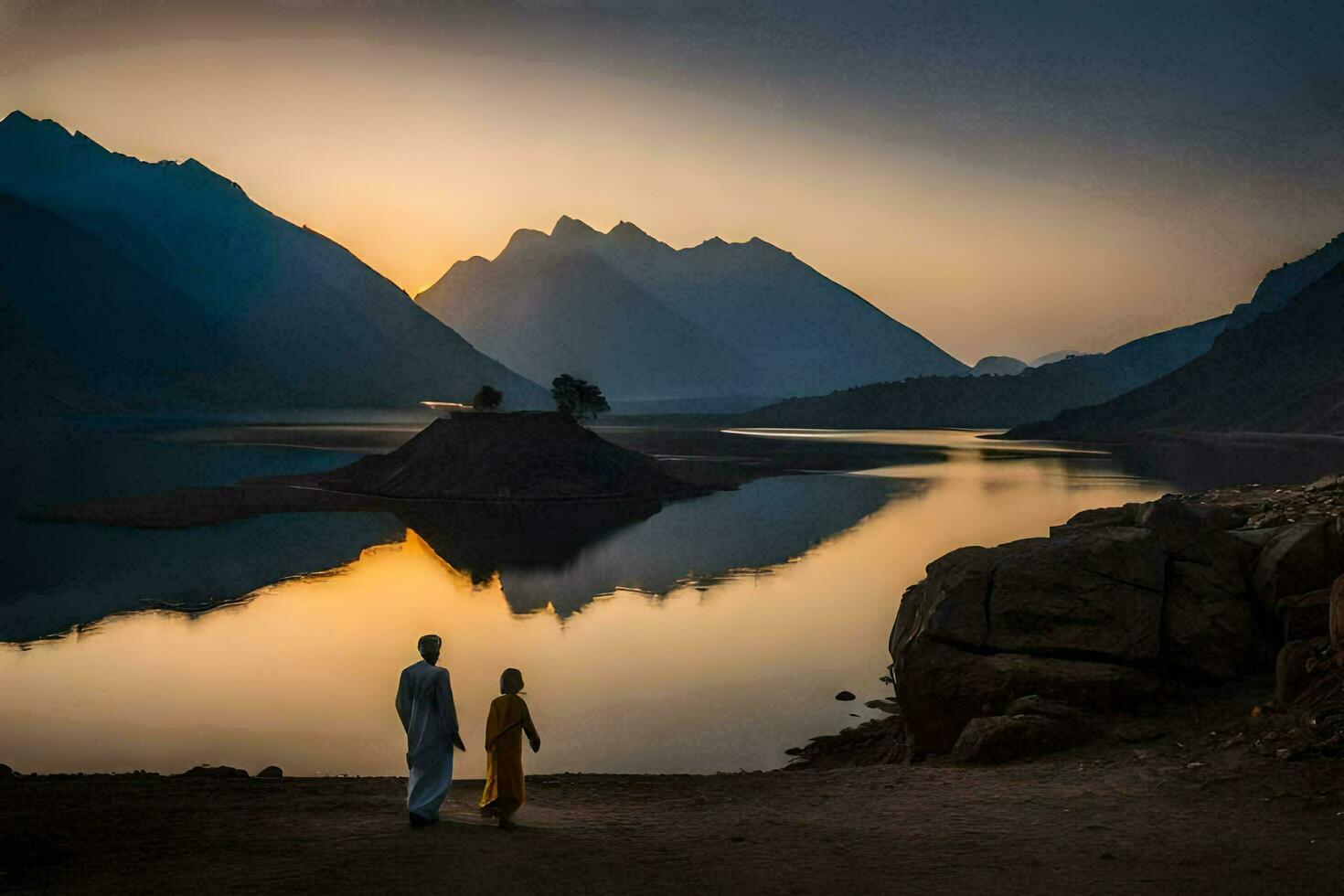 a couple standing in front of a lake at sunset. AI-Generated photo