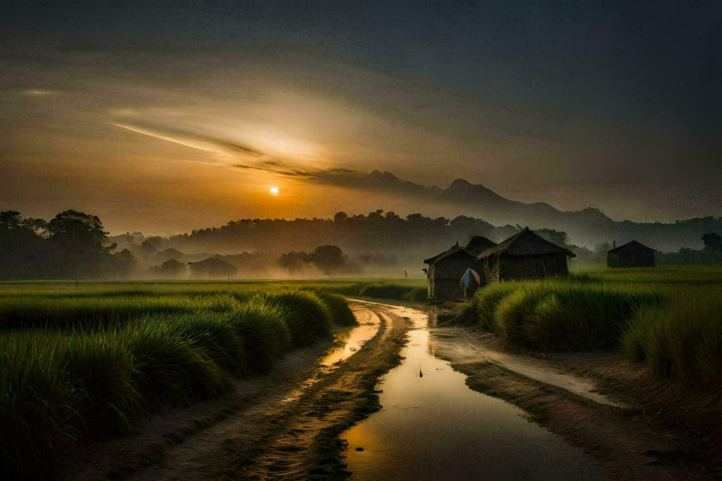 the sun rises over the rice fields. AI-Generated photo