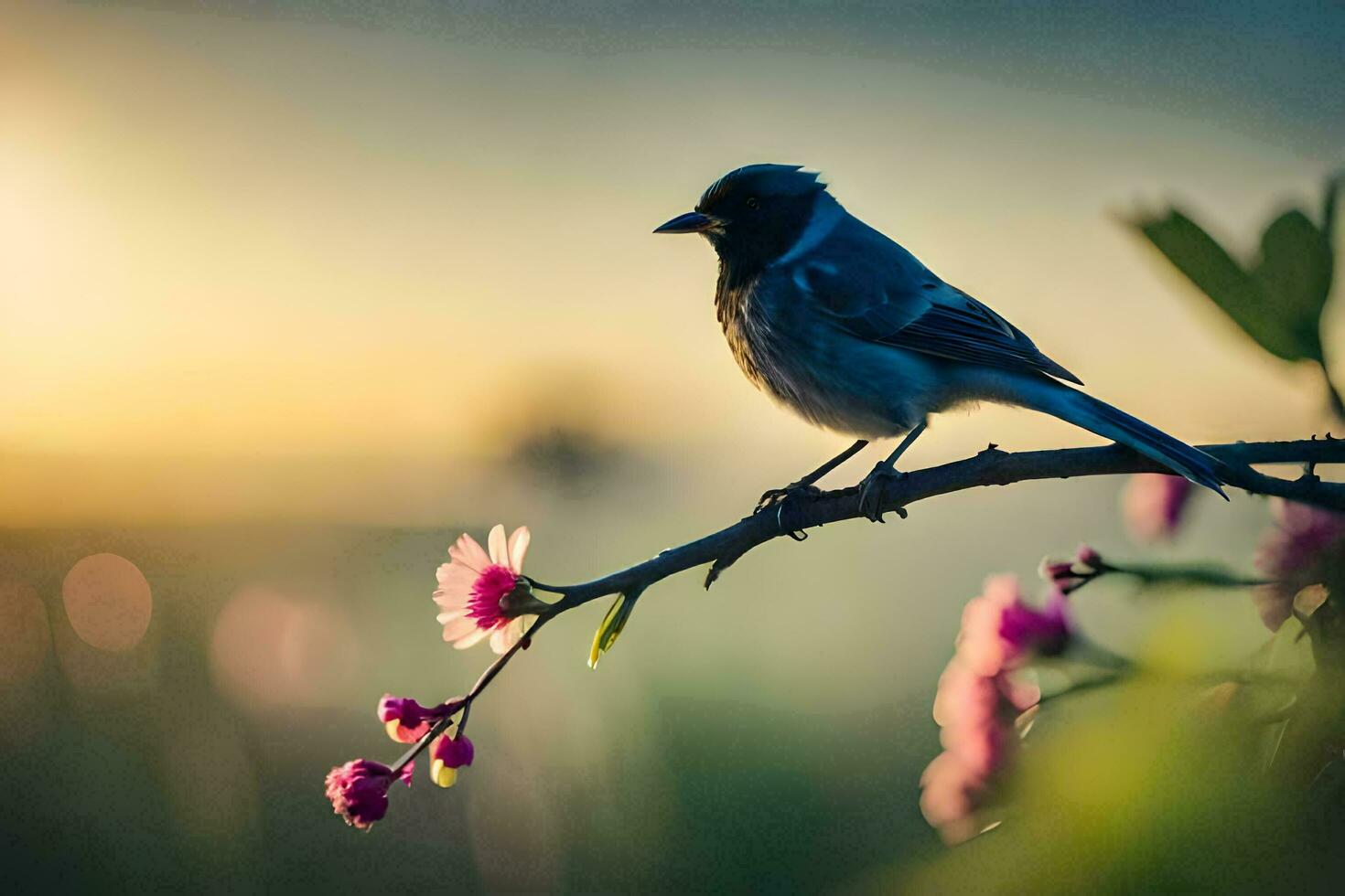 a bird sits on a branch in front of a sunset. AI-Generated photo