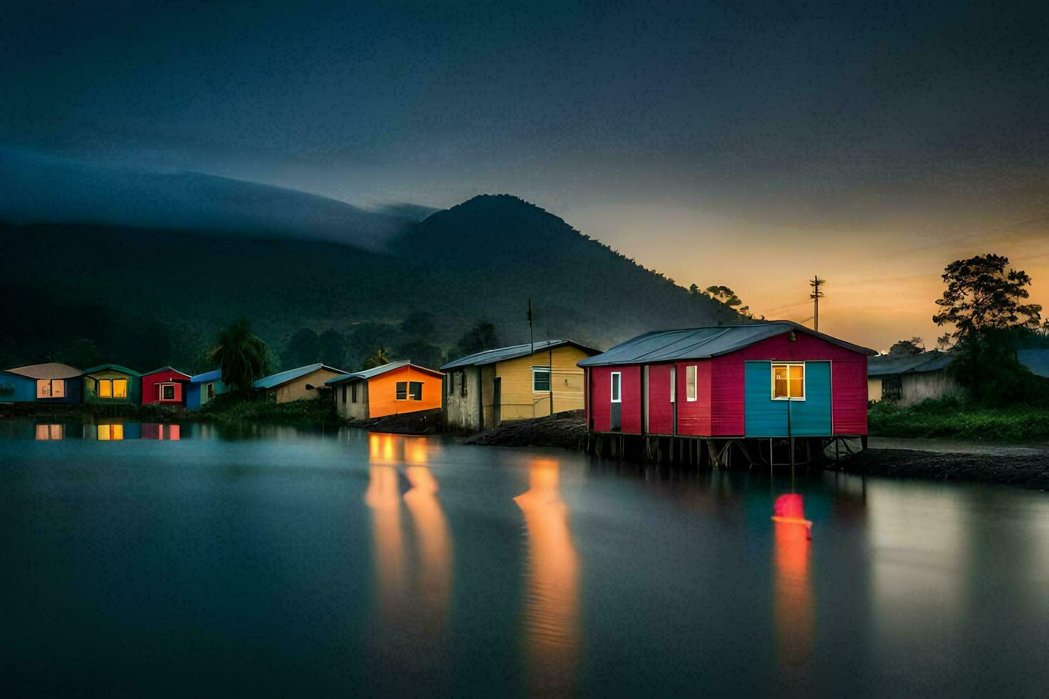 vistoso casas en el agua a oscuridad. generado por ai foto