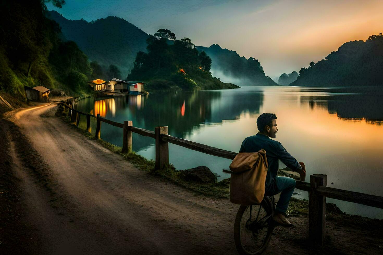 un hombre en un bicicleta paseos a lo largo el la carretera cerca un lago. generado por ai foto