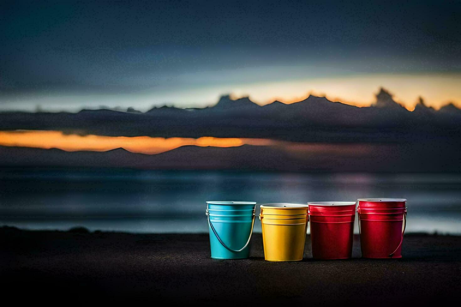 four colorful buckets sit on the beach at sunset. AI-Generated photo
