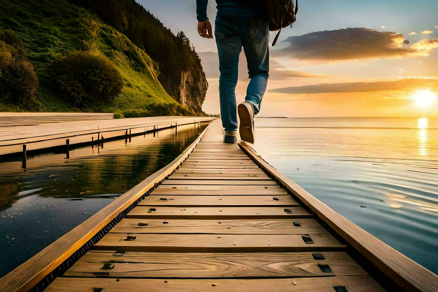 a man walking on a wooden bridge over water. AI-Generated photo