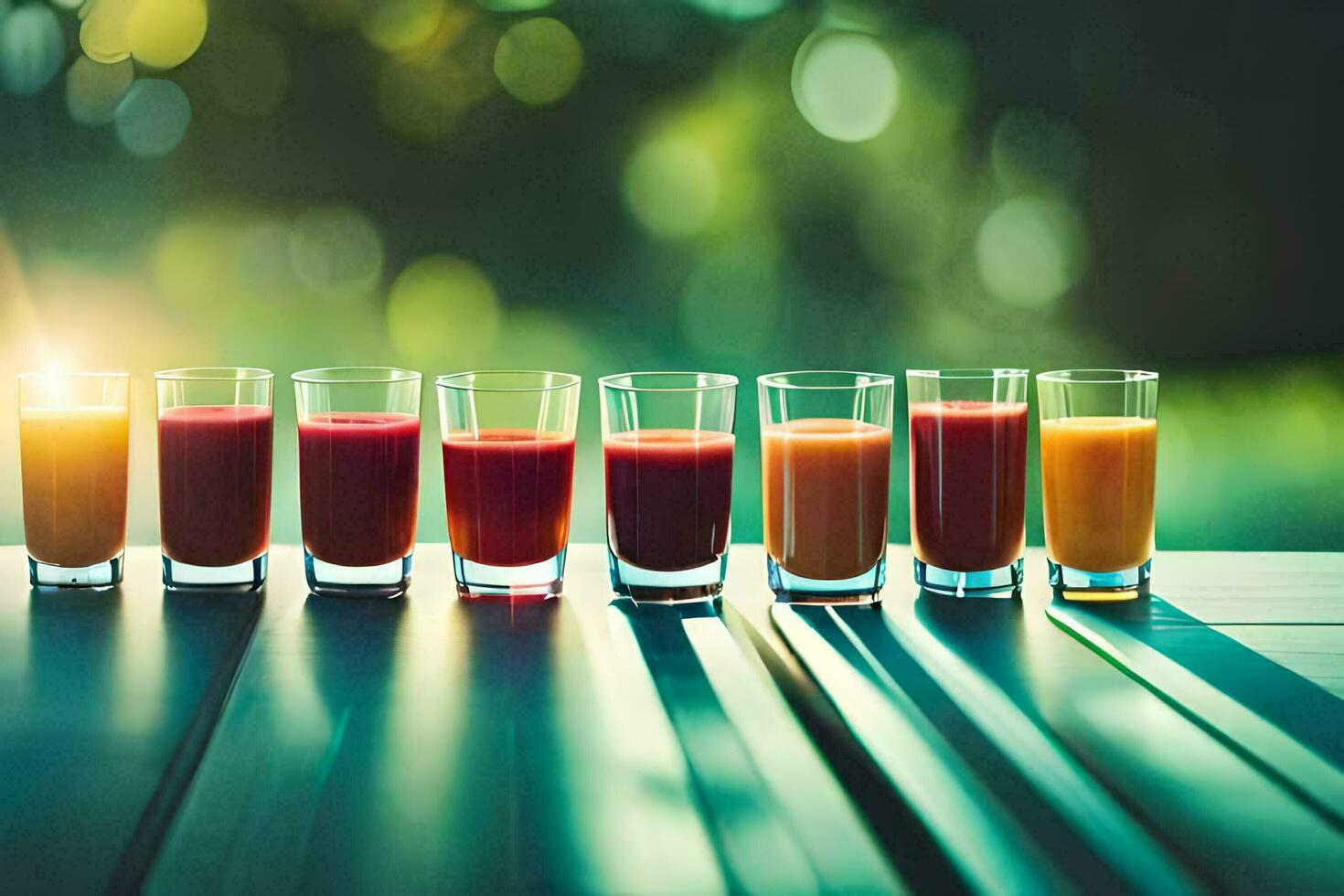 a row of glasses with different colored juices. AI-Generated photo