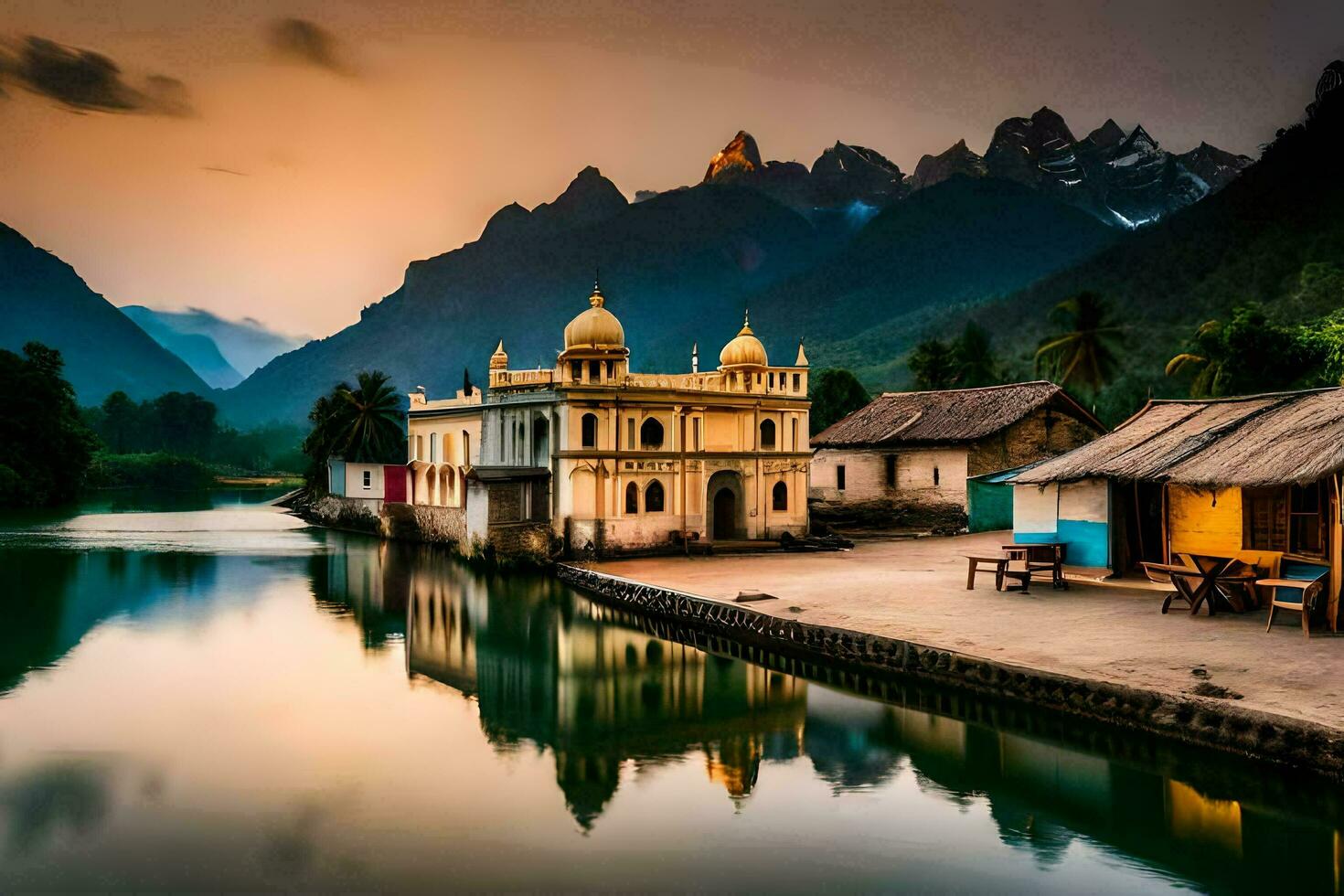 a small village sits on the banks of a river. AI-Generated photo