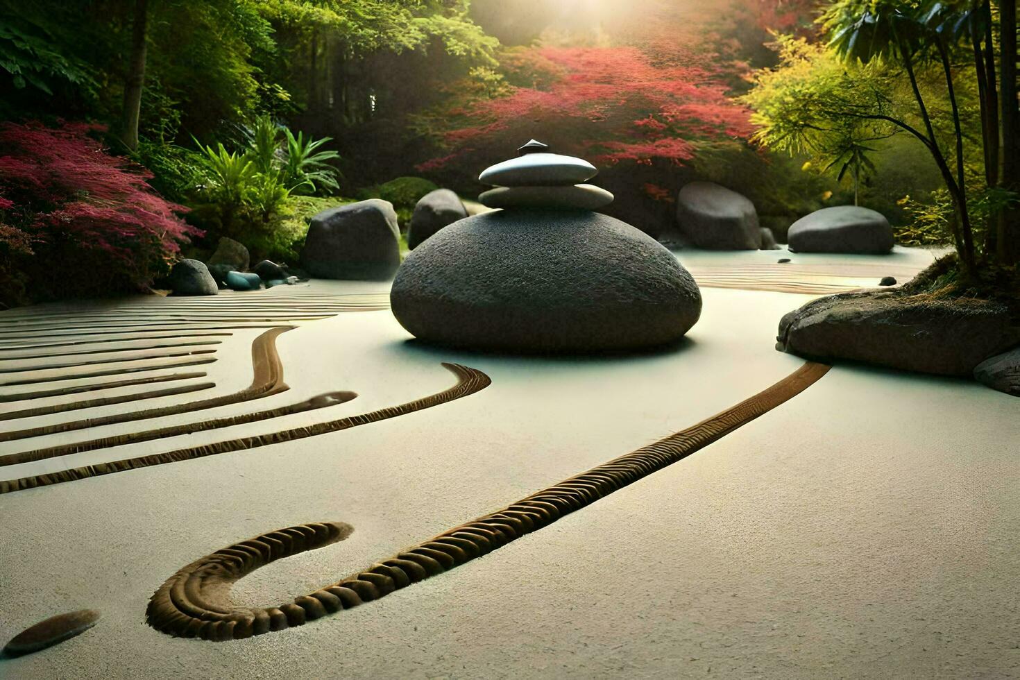 a zen garden with rocks and a path. AI-Generated photo