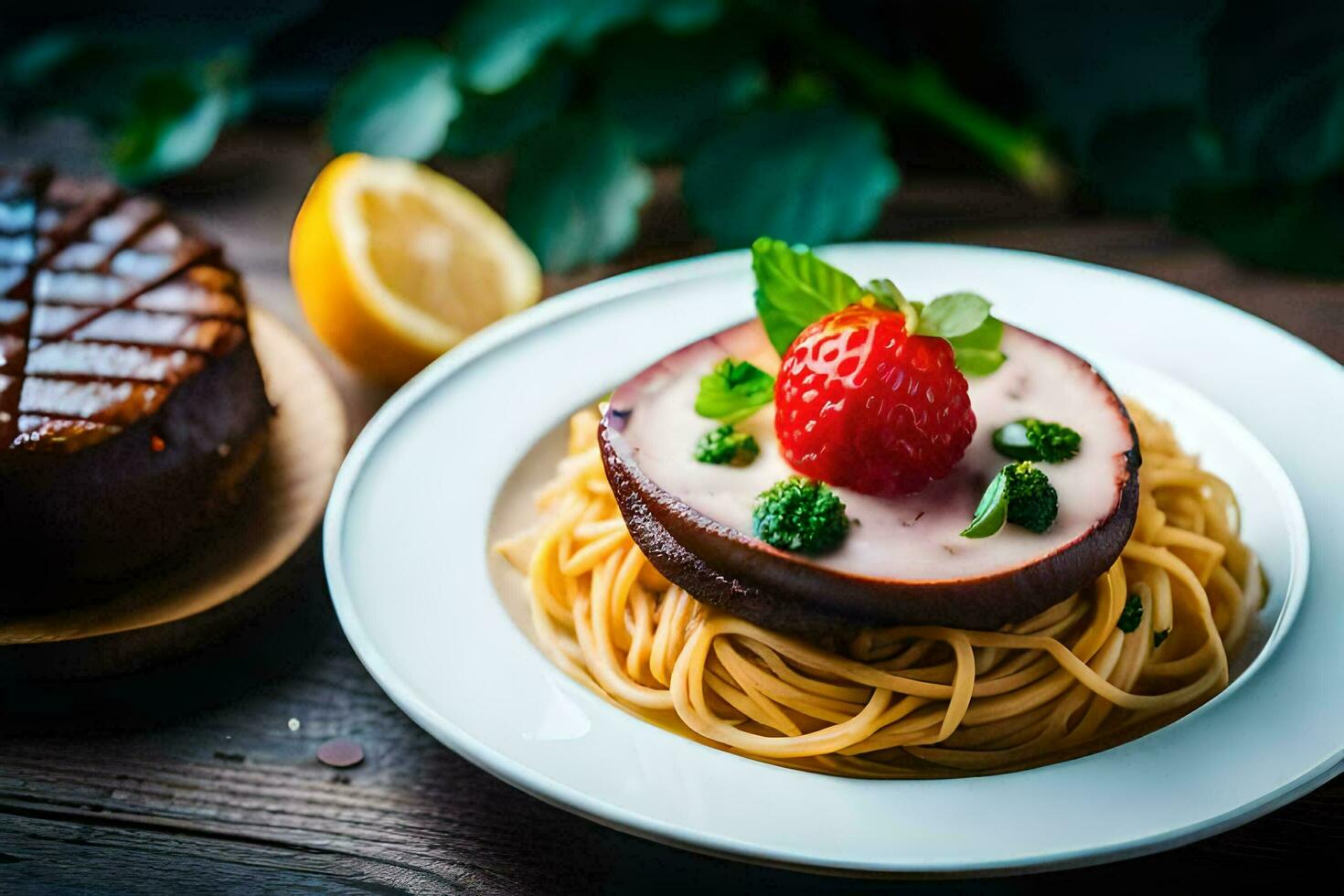 a plate with spaghetti and meat on top. AI-Generated photo