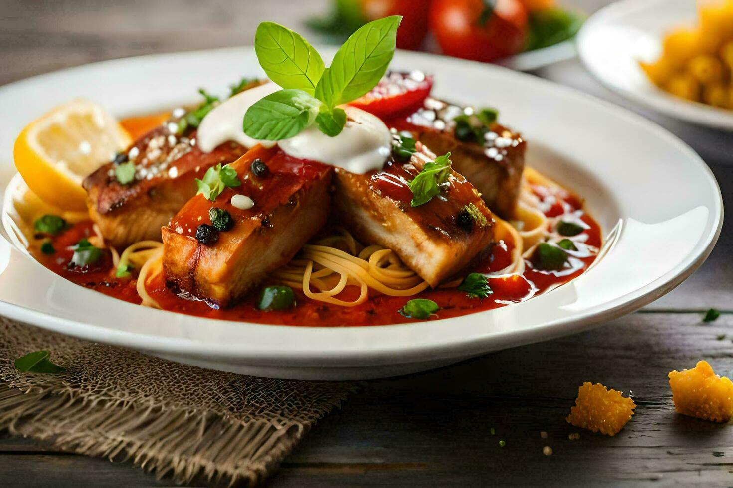 the food is served on a plate with a fork and a spoon. AI-Generated photo