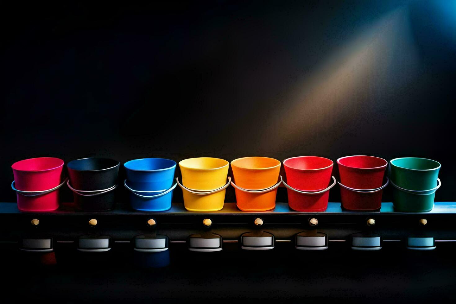 a row of colorful plastic buckets on a black background. AI-Generated photo