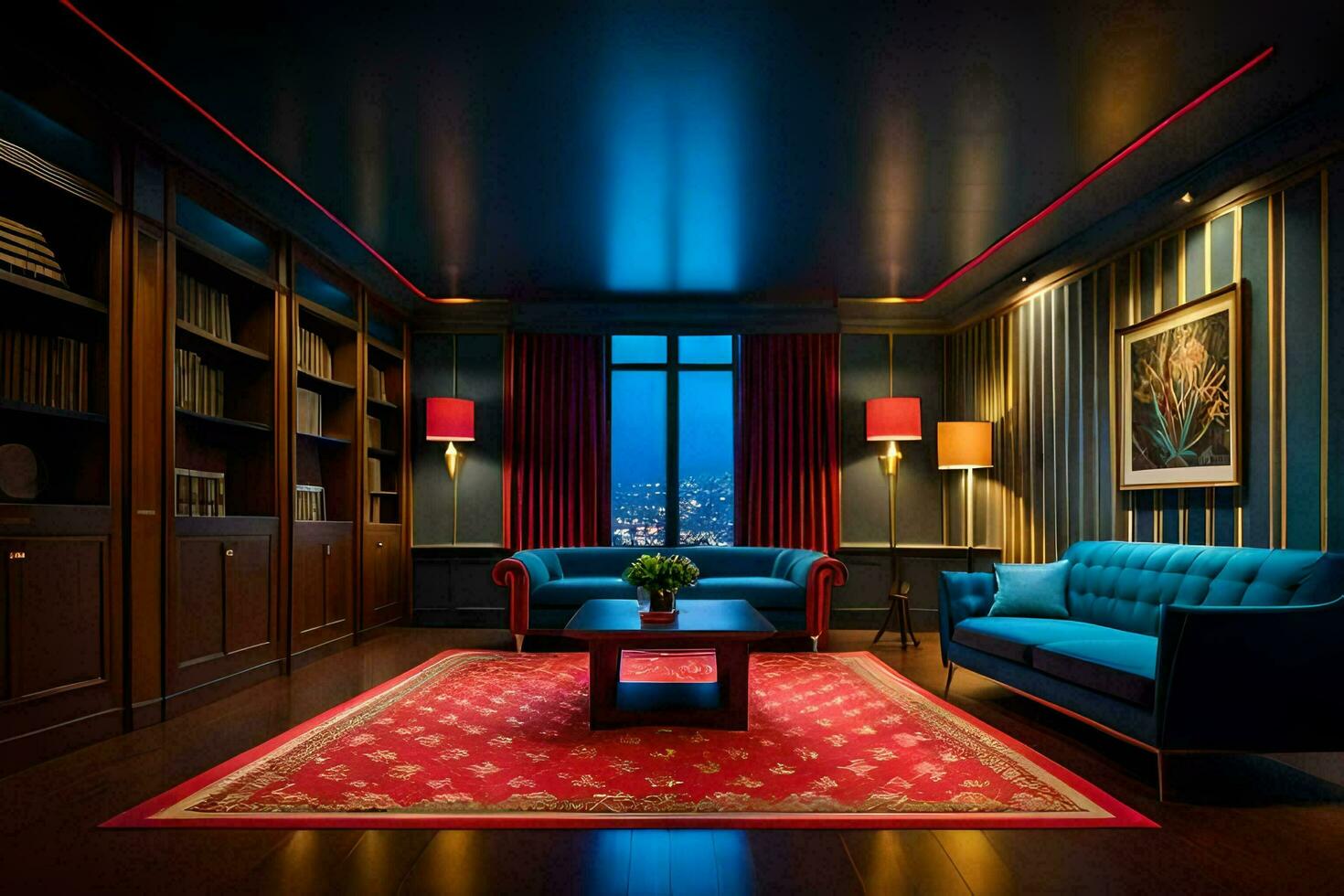 a room with blue couches and red carpet. AI-Generated photo