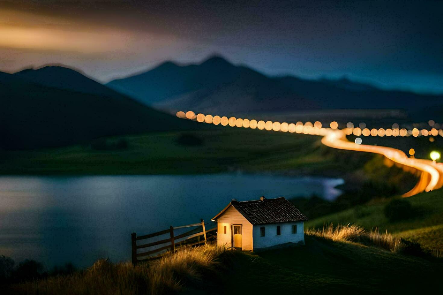 a small house sits on a hill overlooking a lake and mountains. AI-Generated photo