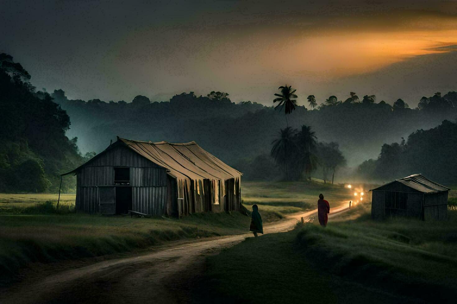 two people walk down a dirt road in front of a house. AI-Generated photo