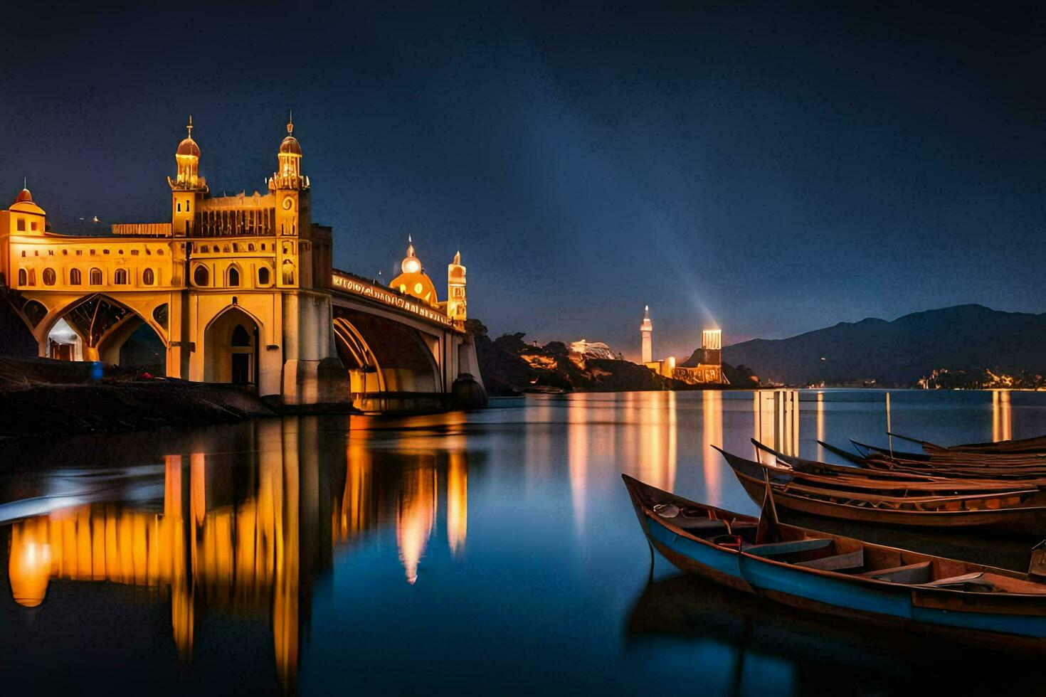 boats docked on the water at night with a bridge in the background. AI-Generated photo