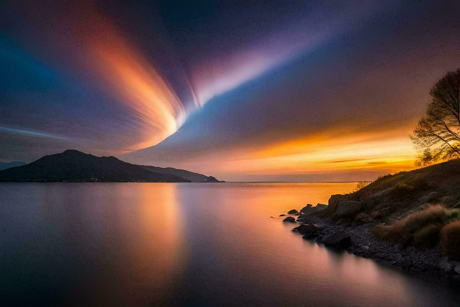 un vistoso puesta de sol terminado un lago con un árbol en el primer plano. generado por ai foto