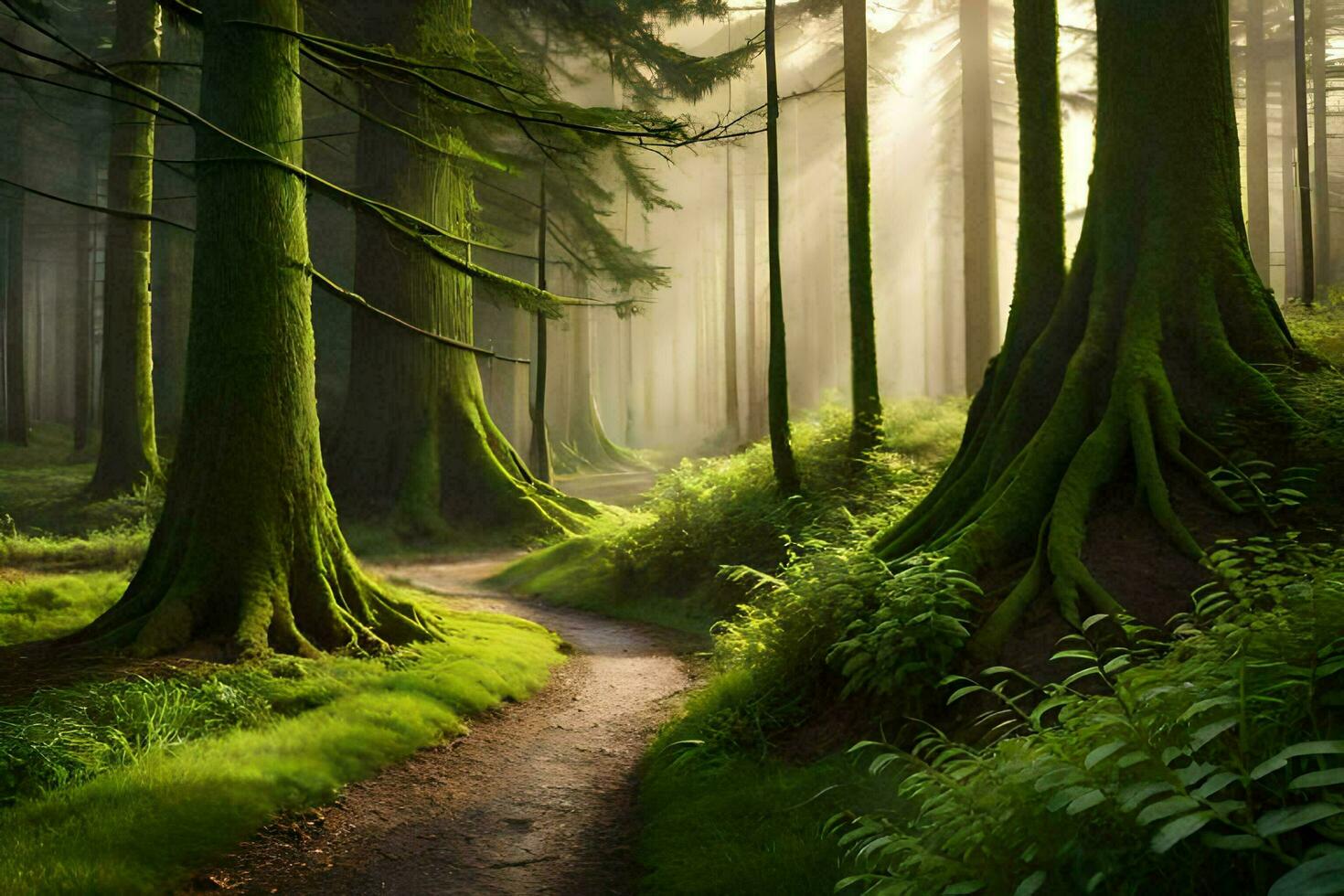 a path through a green forest with trees. AI-Generated photo