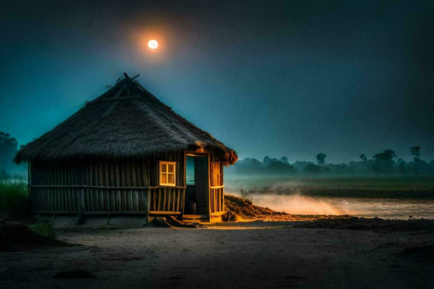 a hut sits on the shore of a river at night. AI-Generated photo