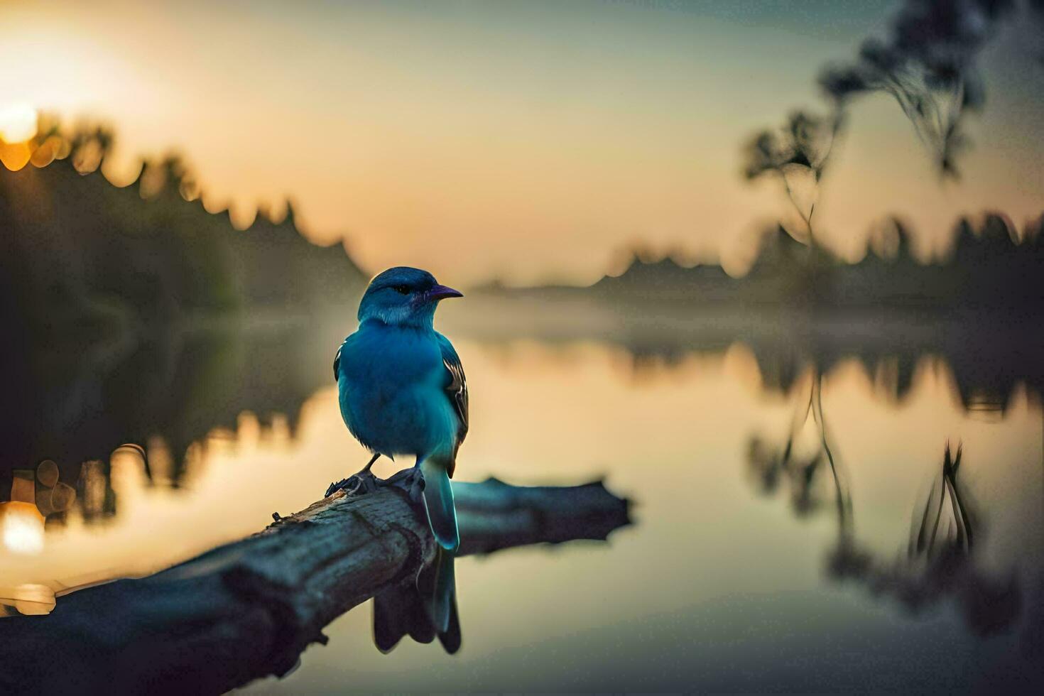 a blue bird sits on a branch near a lake. AI-Generated photo