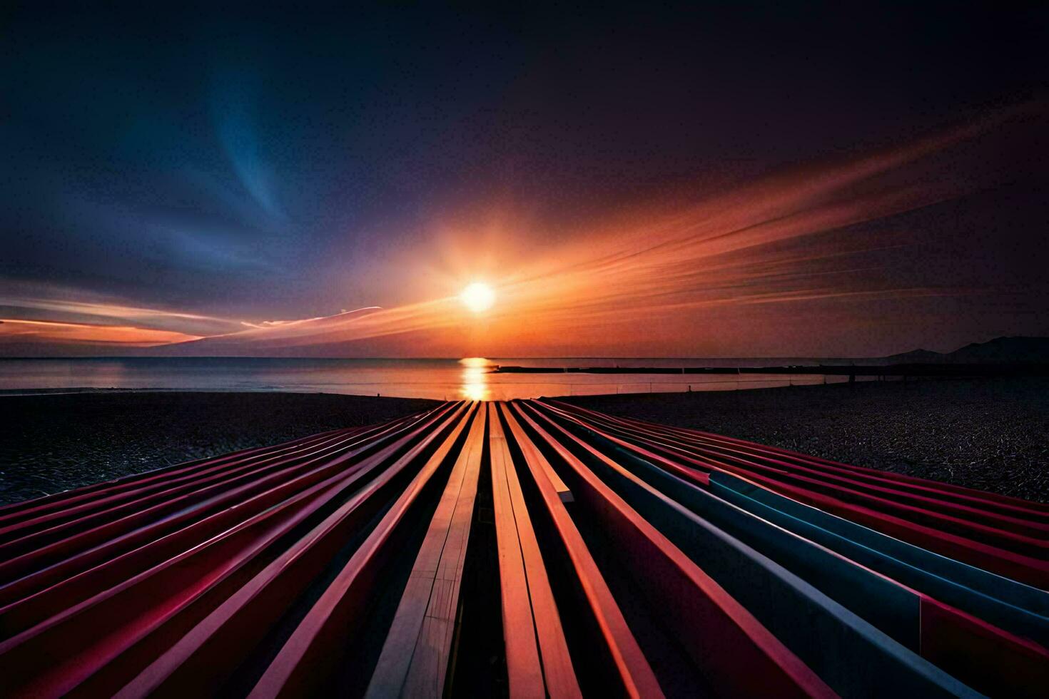 the sun is setting over a beach with a long line of wooden poles. AI-Generated photo