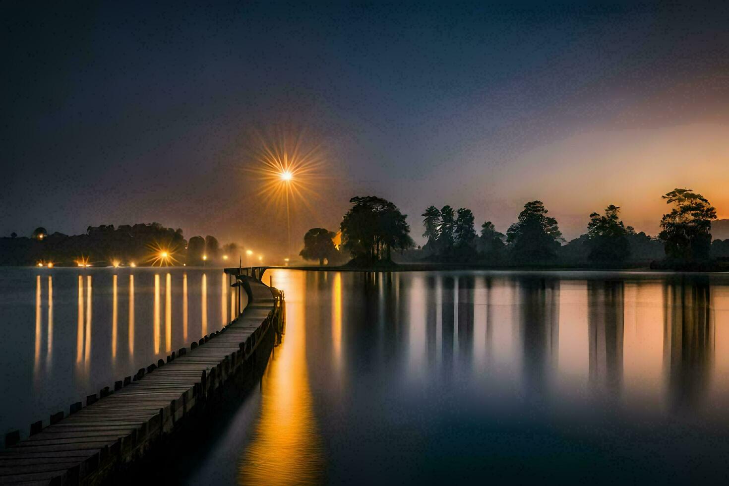 a long wooden pier stretches out into the water at night. AI-Generated photo