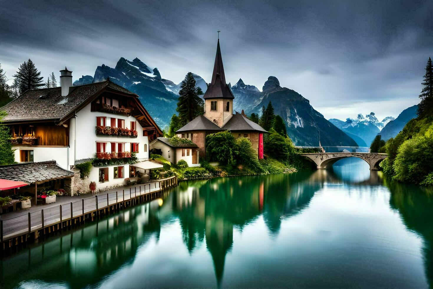 el hermosa pueblo de suizo Alpes. generado por ai foto