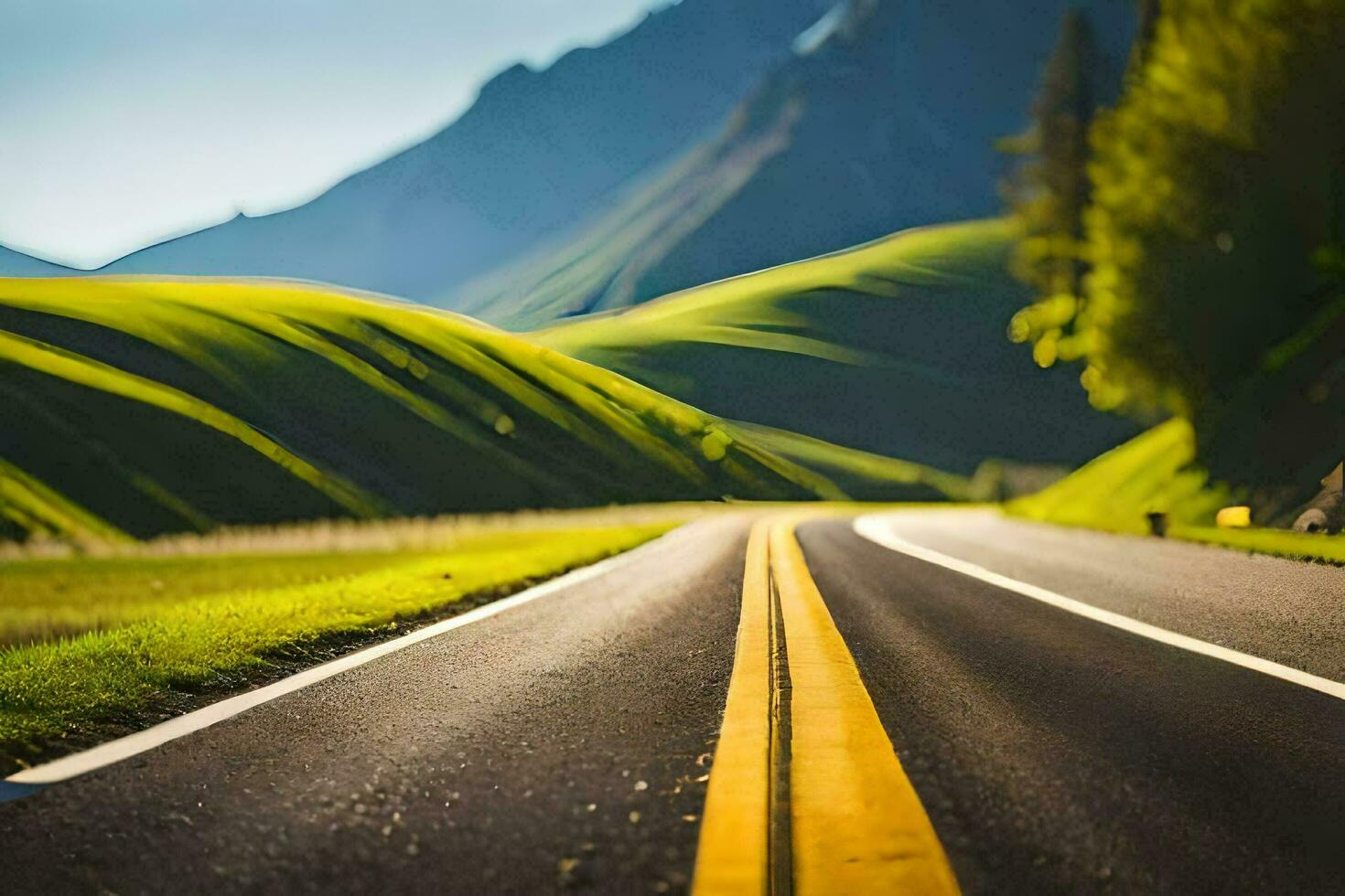 a road in the mountains with grass and hills. AI-Generated photo