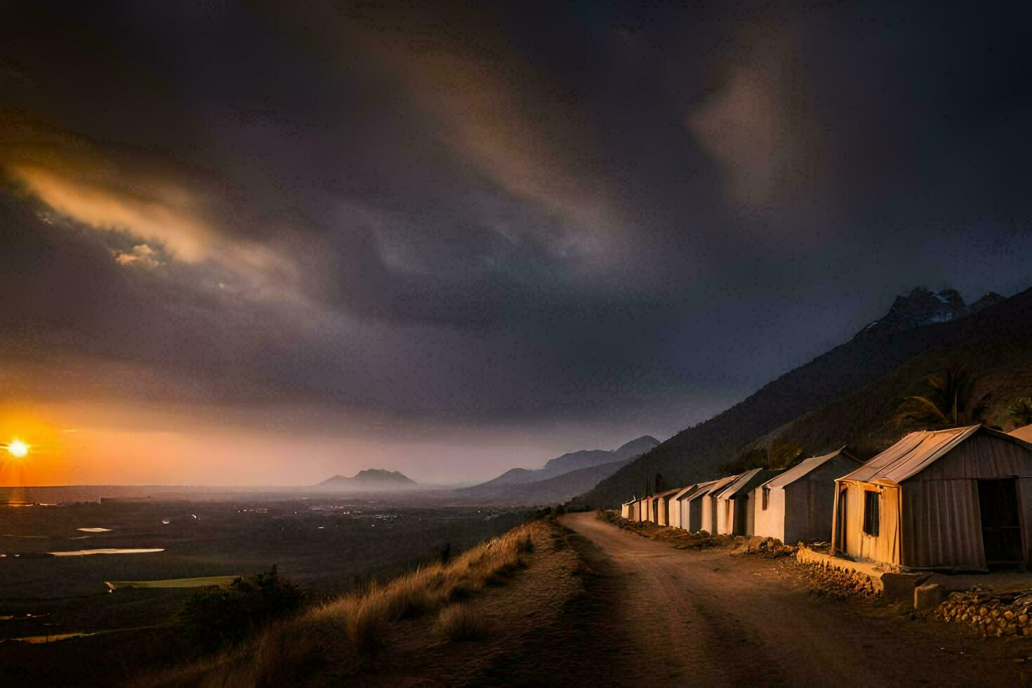 a road leading to a small village with huts and a sunset. AI-Generated photo