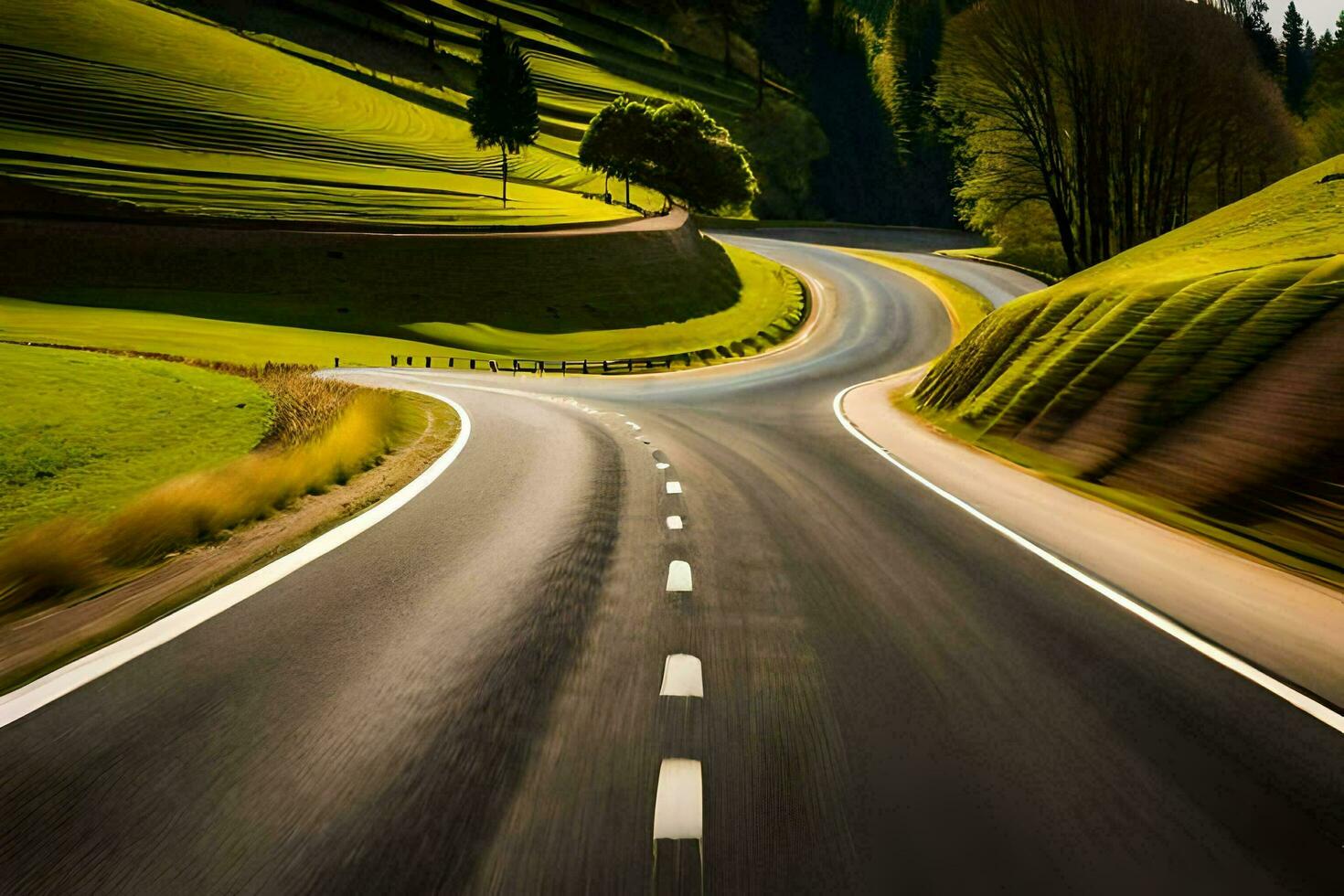 a long, winding road with a green hillside in the background. AI-Generated photo
