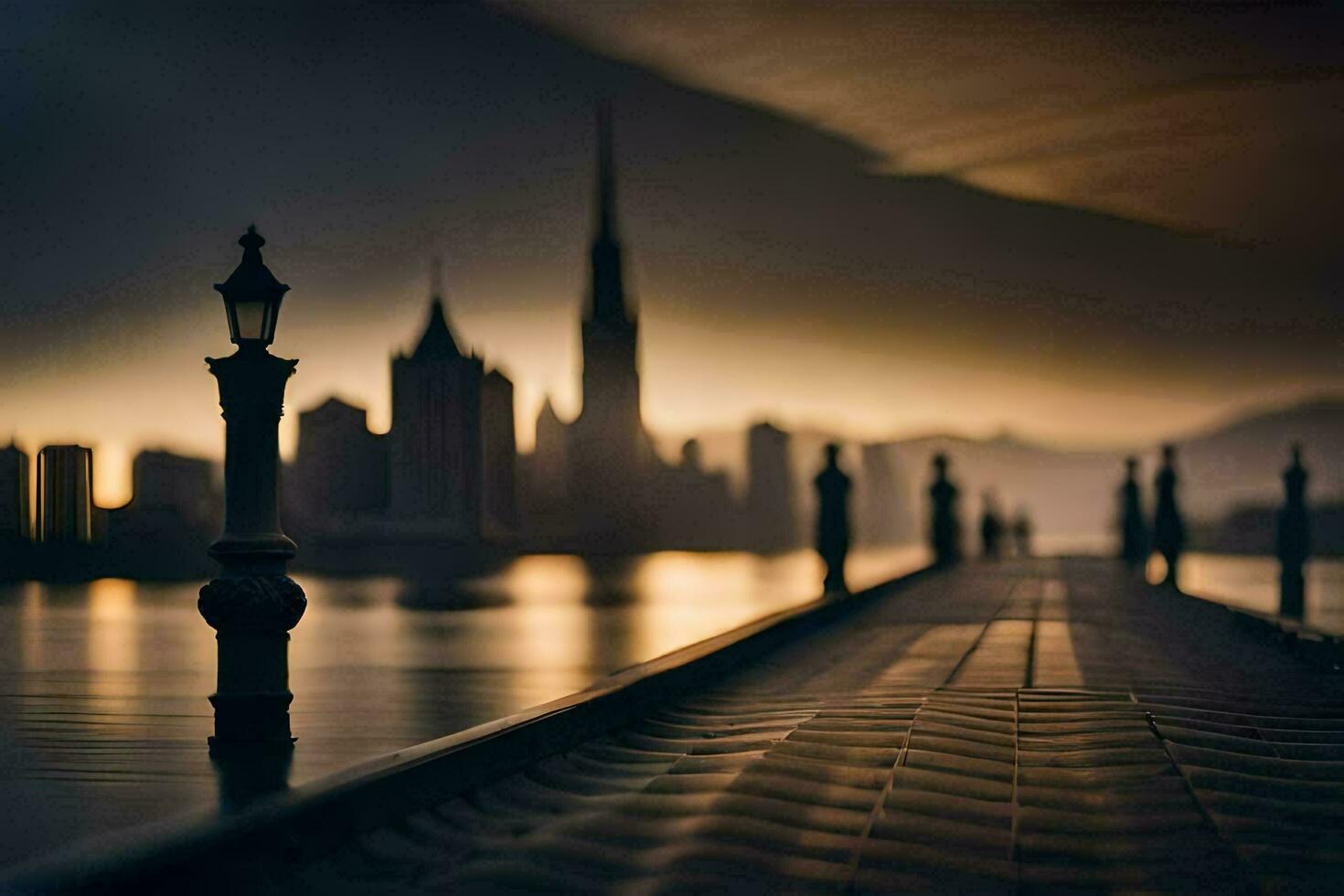 un largo muelle con un ciudad horizonte en el antecedentes. generado por ai foto