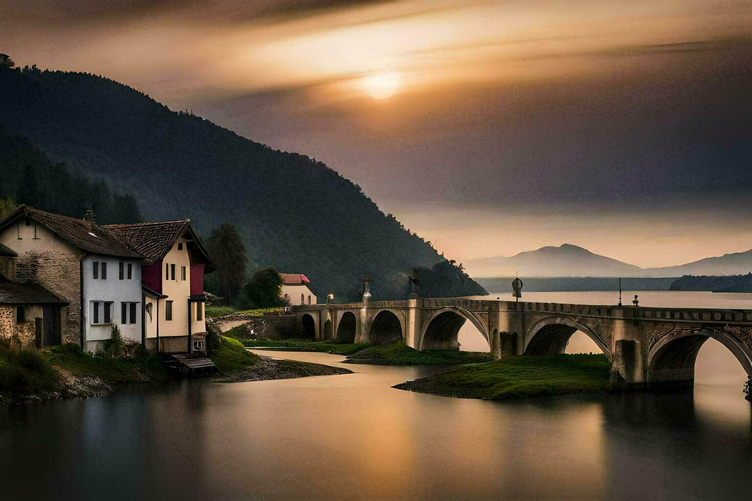 a bridge over a river with houses and mountains in the background. AI-Generated photo
