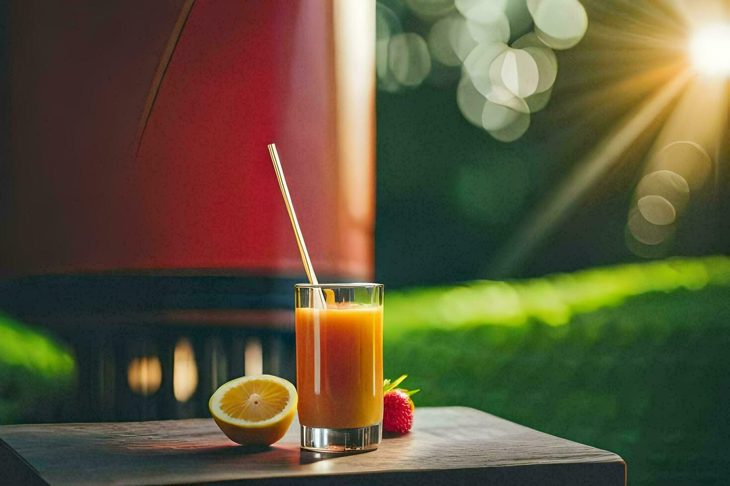 a glass of orange juice with a straw on a wooden table. AI-Generated photo