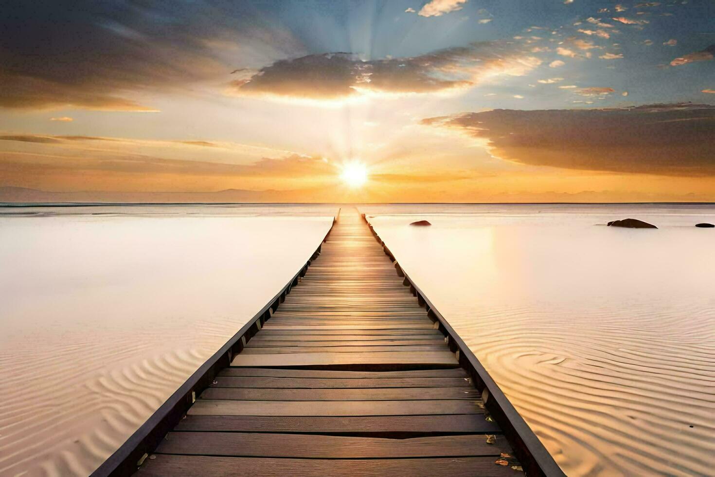 a wooden boardwalk leads to the sun. AI-Generated photo