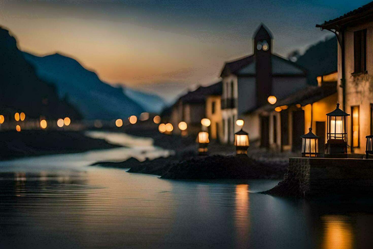 a river at night with lights on the buildings. AI-Generated photo
