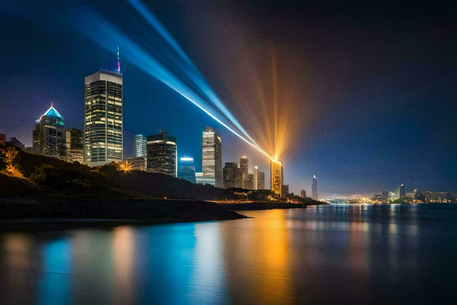 the city lights up at night with beams of light. AI-Generated photo