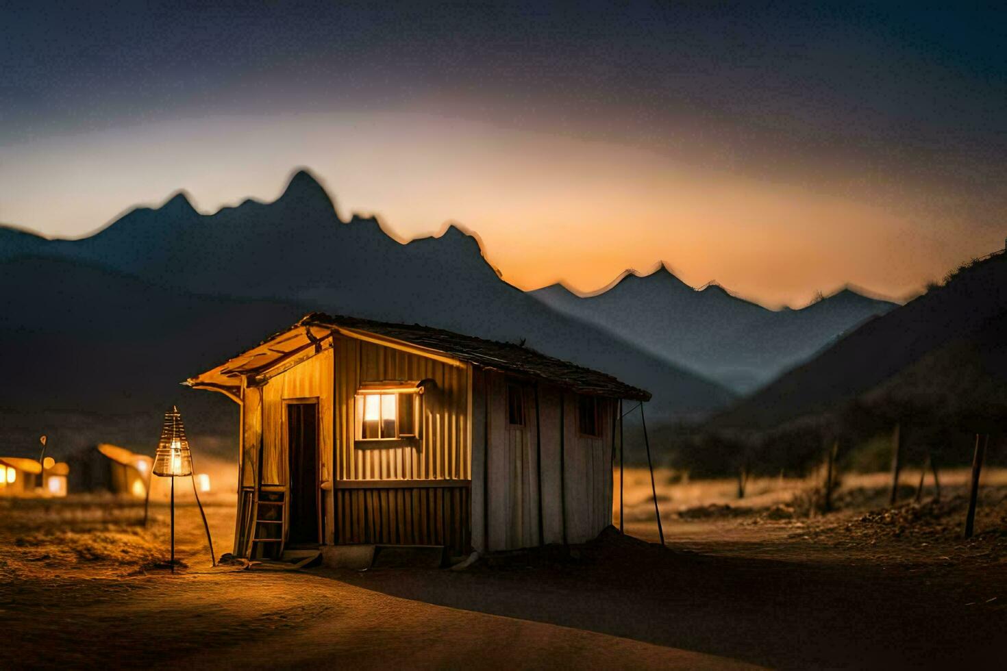 un pequeño cabina en el medio de un campo a noche. generado por ai foto