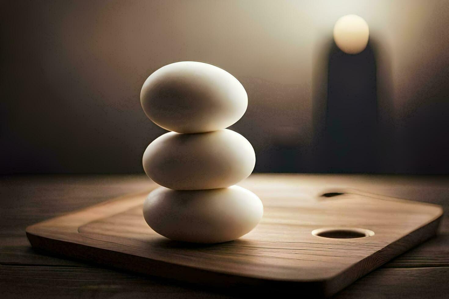 three eggs on a wooden cutting board. AI-Generated photo