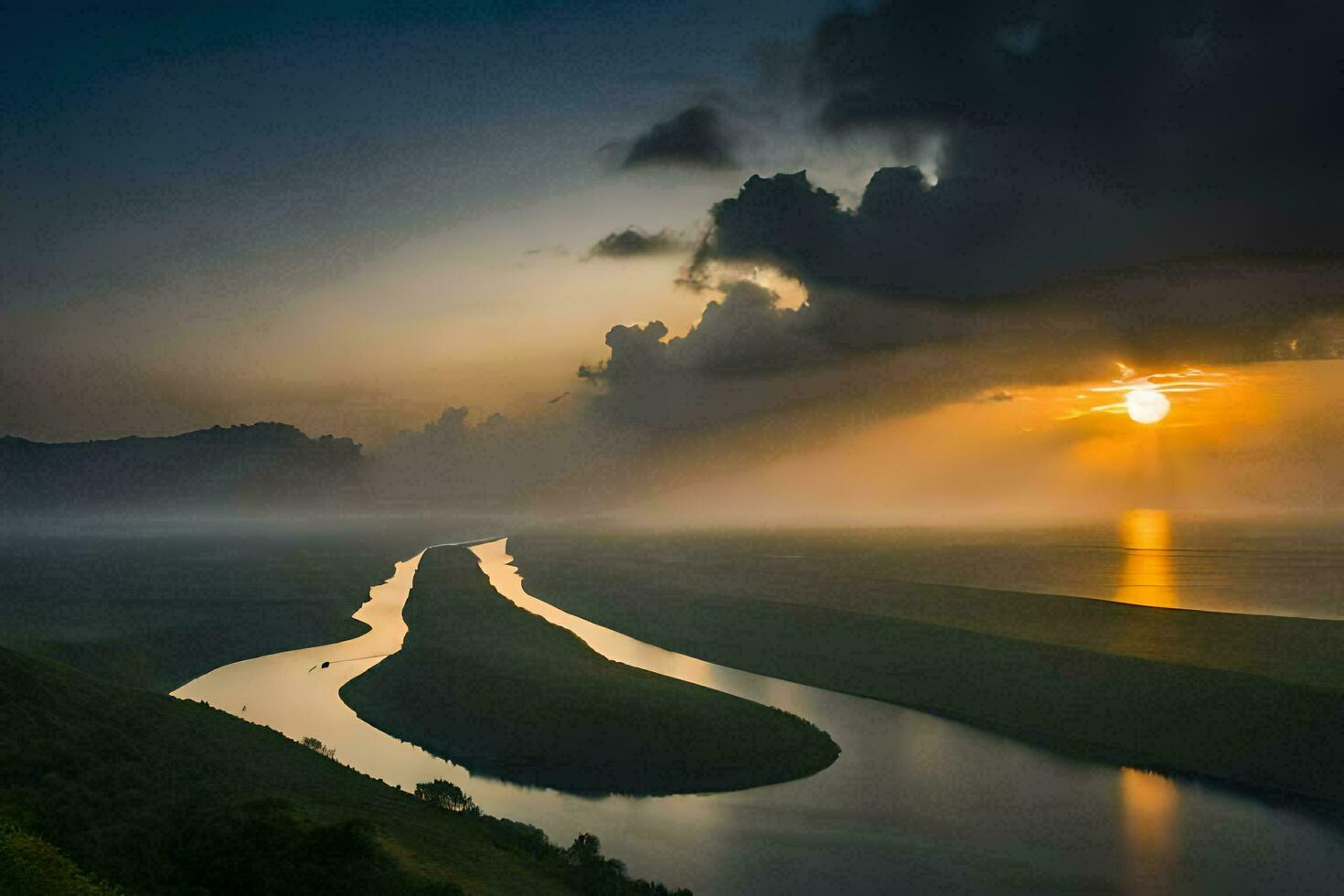 el Dom conjuntos terminado un río en el medio de un valle. generado por ai foto