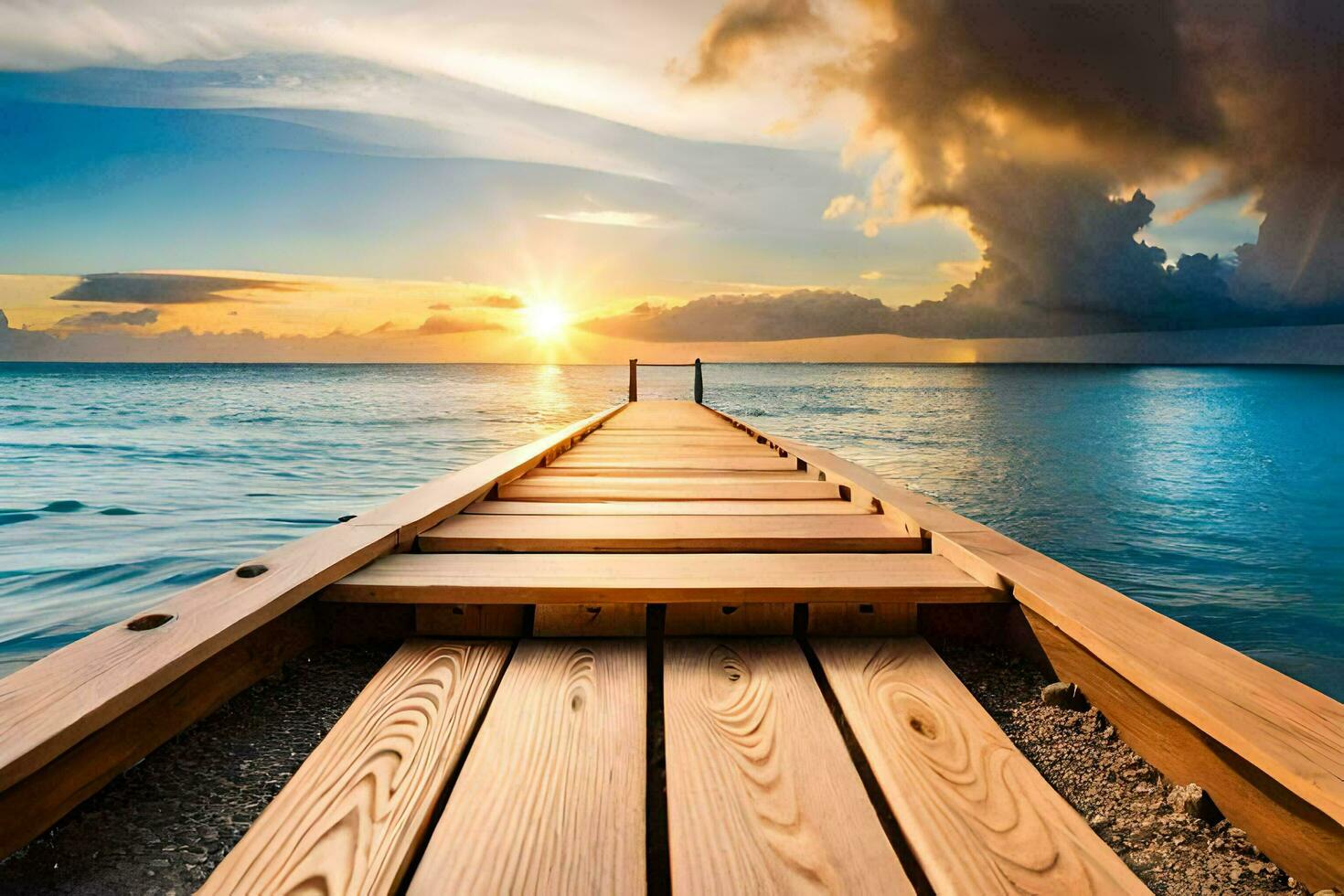 a wooden dock leads to the ocean at sunset. AI-Generated photo