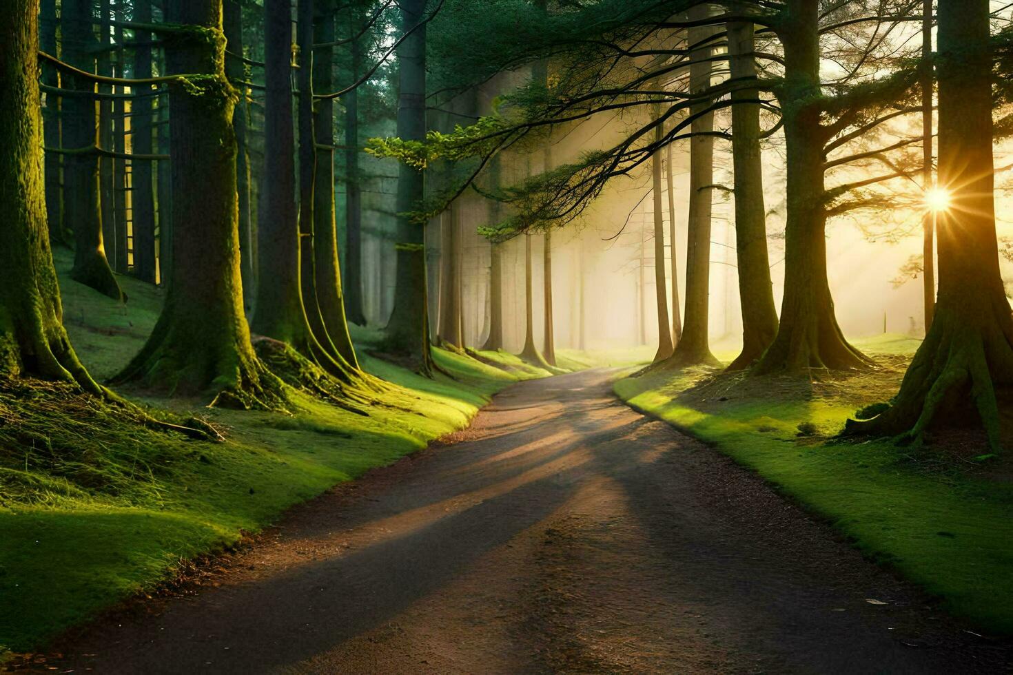 a path through a forest with trees and sun. AI-Generated photo