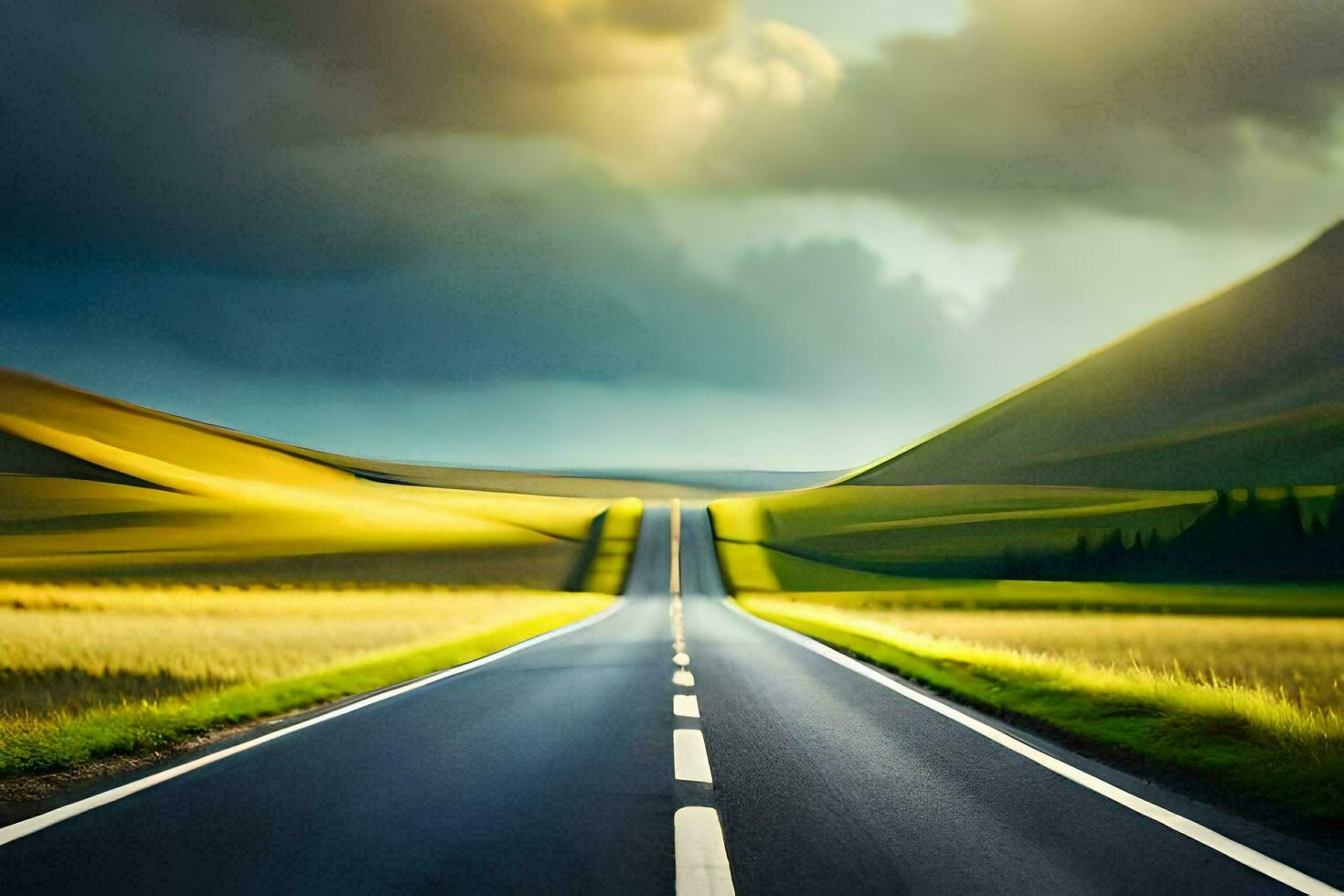 an empty road in the middle of a field. AI-Generated photo