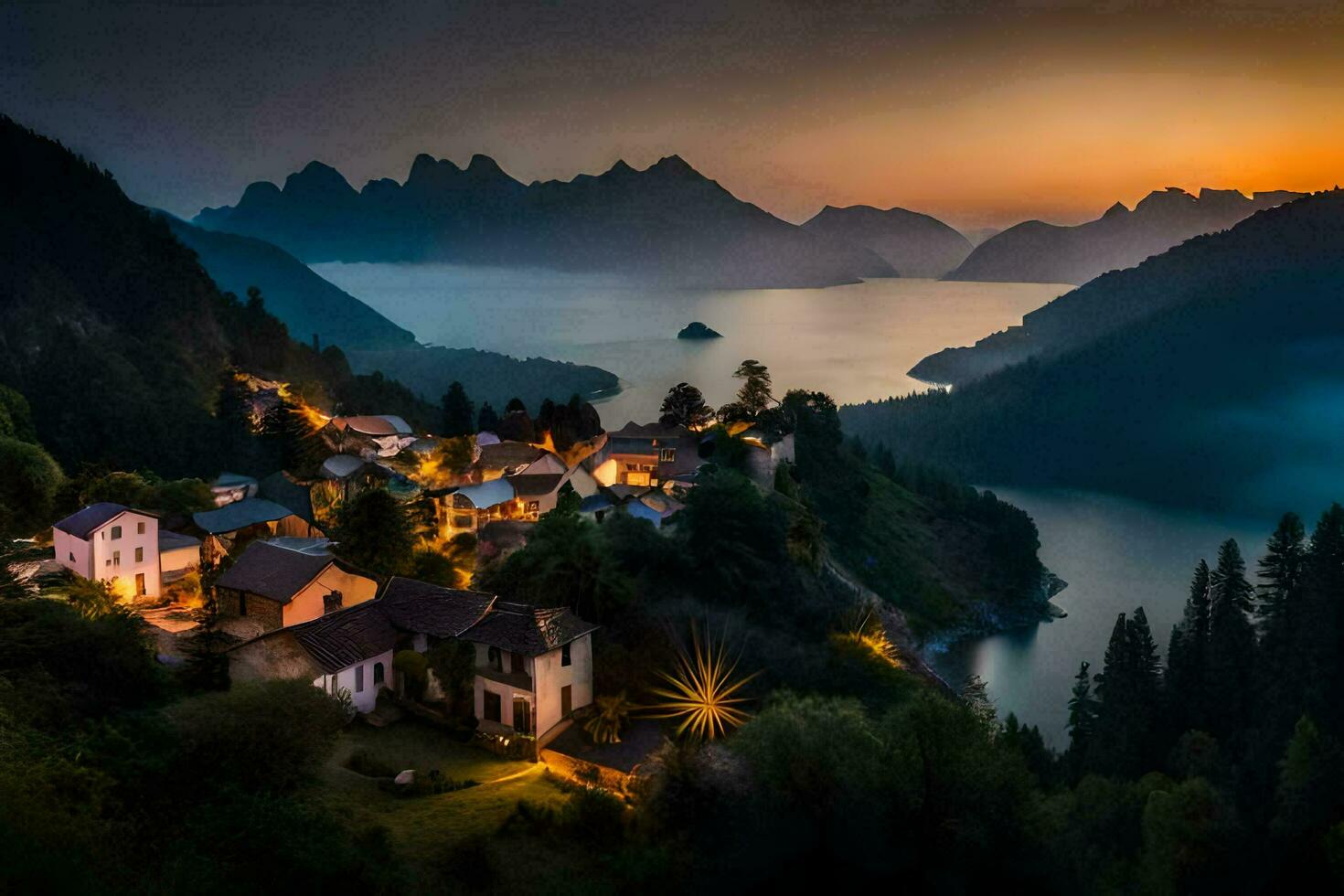 a village sits on the edge of a mountain overlooking a lake. AI-Generated photo