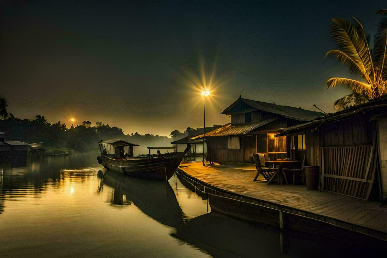 a boat sits on the dock at night with palm trees. AI-Generated photo