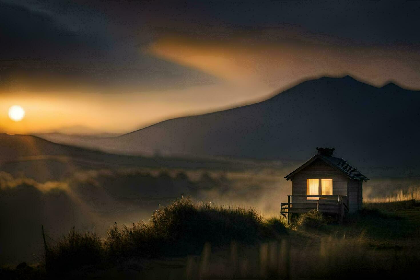 un pequeño cabina en el medio de un campo a puesta de sol. generado por ai foto