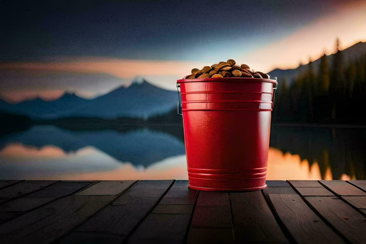 un rojo Cubeta de miseria en un de madera cubierta con vista a un lago. generado por ai foto