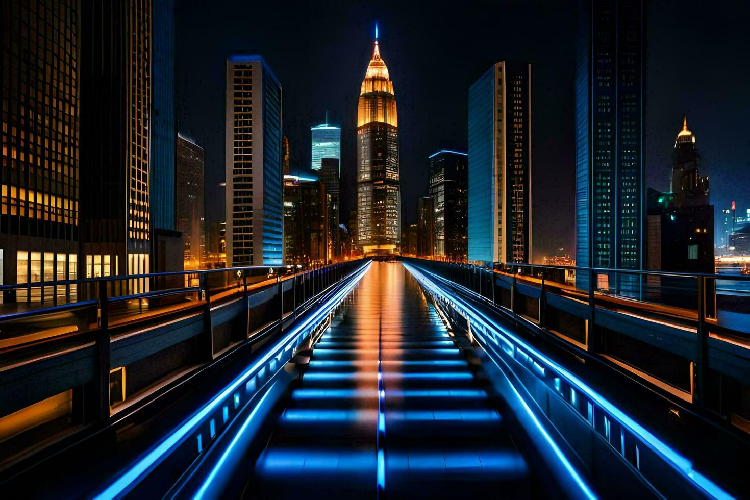 a city skyline at night with a bridge leading to it. AI-Generated photo