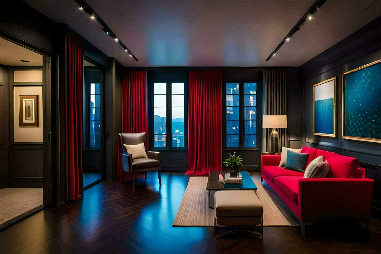 a living room with red curtains and black walls. AI-Generated photo