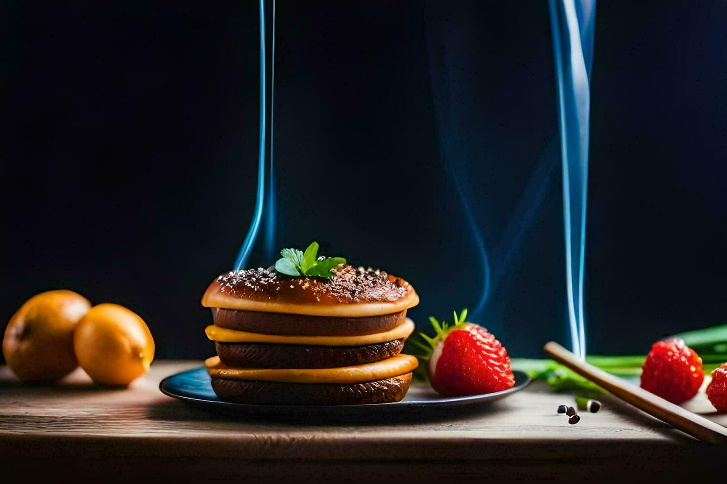 a stack of hamburgers with strawberries and smoke. AI-Generated photo